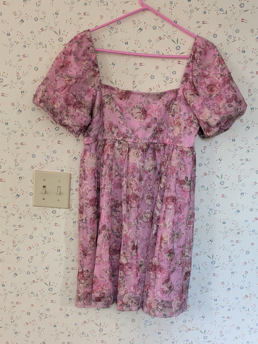 Audrey Parks Francesca's Collections Dress Pink Floral Puff-Sleeve M Feminine